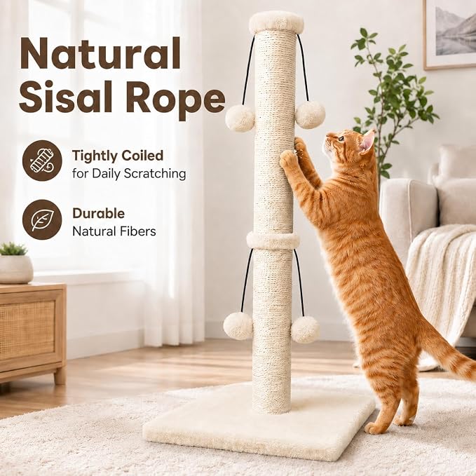 Dimaka 34'' Cat Scratching Post, Cat Scratching Post, Cat Scratcher for Large Cats with Teasing Toy Ball, Natural Sisal White and Grey (Beige) - Image 5
