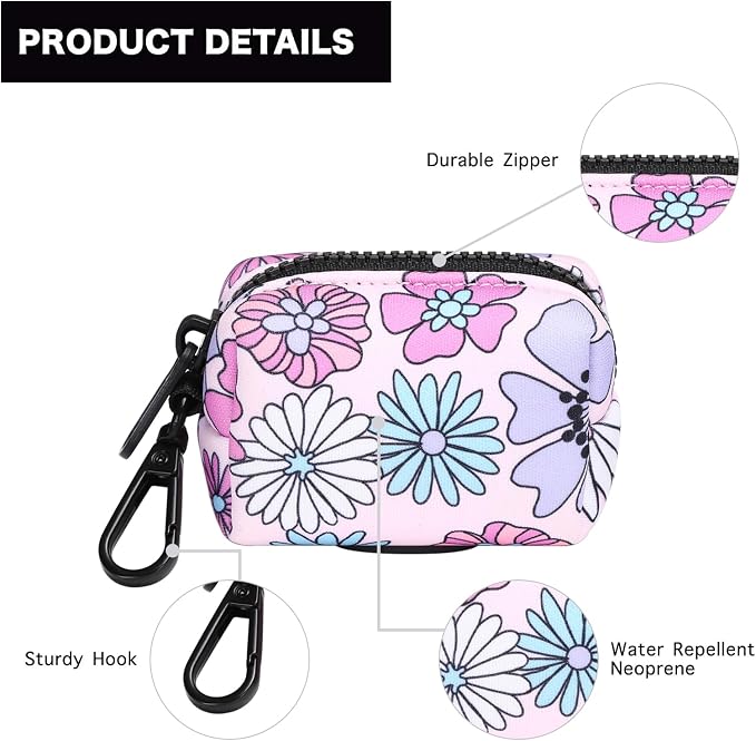 Petmolico Dog Poop Bag Holder Dispenser 2 Pack, Colorful Daisy | Zippered pouch fits any leash, includes free roll of bags, lightweight & portable for daily walks, travel & outdoor use - Image 3