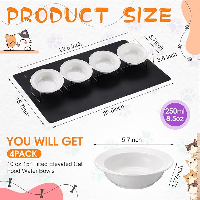 4 Set Elevated Ceramics Cat Food Water Bowls | 15°Tilted Anti Vomiting Raised Dishes,with Food Silicone Mat ,Whiskers Friendly Cat Bowls ,for Multiple Cats and Puppy - Image 2