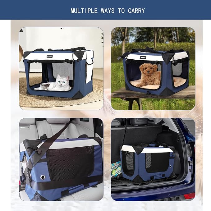 Large Cat Carrier, Collapsible Dog Travel Crate Portable Soft-Sided Pet Carrier with Super Soft Warm Plush Mat for Indoor and Outdoor 20x14x14in,Navy Blue - Image 6