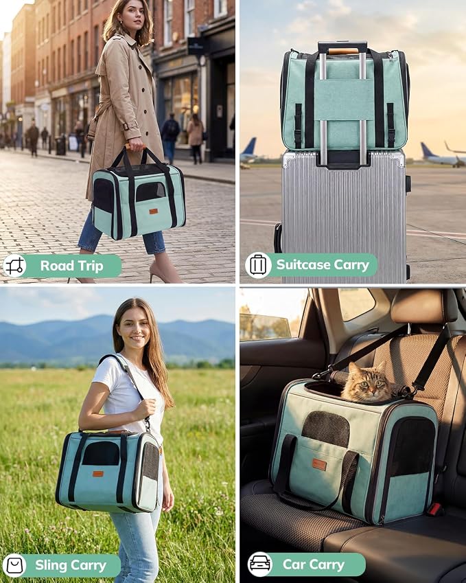 Morpilot Pet Carrier for Large Cats, Puppies & Small Dogs Up to 20lbs | Escape-Proof with Locking Zippers, Dual-Sided Cushion, Safety Buckle for Car & Vet Travel, Includes Foldable Bowl (Green) - Image 4