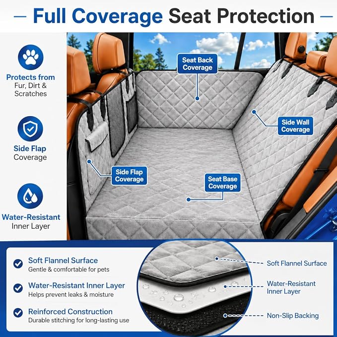 IJVAE Truck Dog Seat Cover for Back Seat, Gray Flannel Hard Bottom Back Seat Extender Holds Up to 500 lbs, Waterproof Backing, Nonslip Dog Hammock for Full-Size Pickup Trucks - Image 4