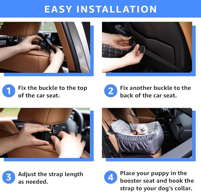 Oiilores Dog Car Seat for Small Dogs, Washable Pet Booster Car Seats with Clip-On Safty Leash, Comfy Deluxe Plush Carseat with Storage Pockets, Puppy Travel Carrier Bed for Dogs Under 25 lbs, Grey - Image 5
