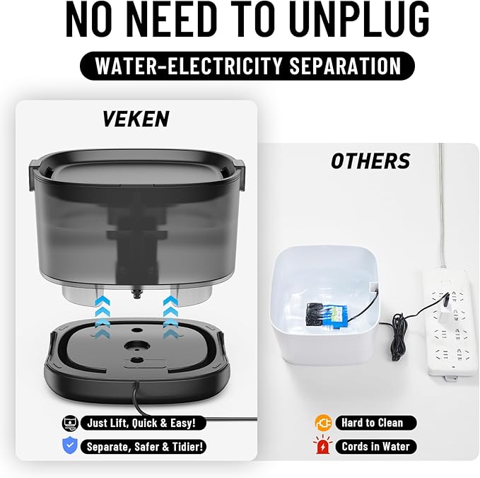 Veken 85oz/2.5L Cat Water Fountain with Detachable Tank & Secure Clips | Easy to Clean & Assemble, Quiet Operation & LED Light, Pet Drinking Dispenser, Gifts, Cats, Dogs and Small Pets, Black - Image 4