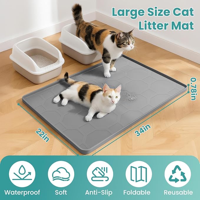 Cat Litter Box Mat, Large Silicone Cat Litter Mat, 34" X 22" Waterproof Pet Mat, Durable & Easy Clean (light gray) - Image 2