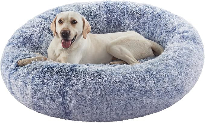45 in Faux Fur Fluffy Donut Dog Bed for Extra Large Dogs,Dark Blue | Calming Plush Round Jumbo Pet Bed with Removable & Washable Cover,Fits up to 120 lbs Pets by BedStillLoveStill