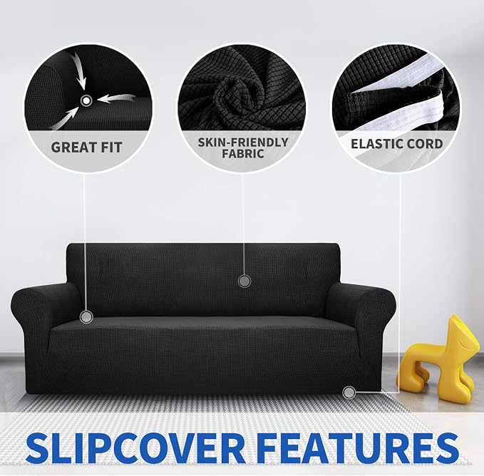 MAXIJIN Super Stretch Couch Cover for 3 Cushion Couch, 1-Piece Universal Sofa Covers Living Room Jacquard Spandex Furniture Protector Dogs Pet Friendly Fitted (Extra Large, Black) - Image 3