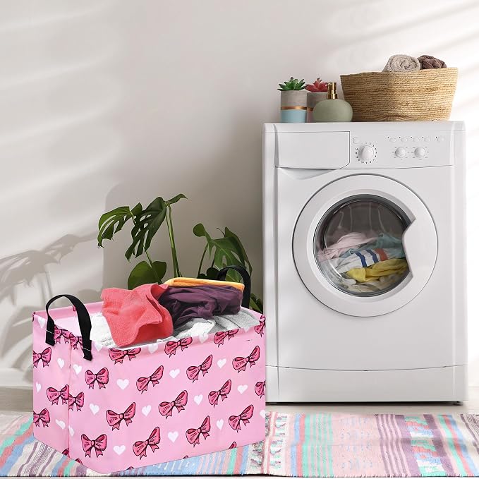 Storage Basket Home Shelf Basket Kids Organizer Box Clothes Laundry Hamper Nursery Bin Gift Laundry Basket with Handles Pink Bowknot Pattern for Home - Image 7