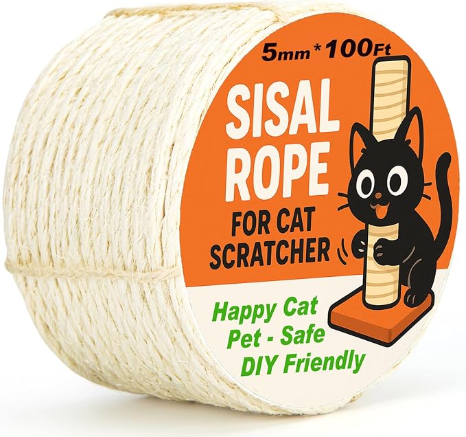 White Sisal Rope for Cat Tree and Scratching Post 5mm 1/5 Inch, 100 Feet | Natural Sisal Fiber, Tight Twist Climbing Twine, Cat Tree Tower Repair, Scratching Post Replacement, Natural Scratching by AUXMOTEC