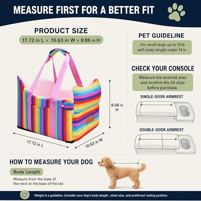 Console Dog Car Seat for Small Dogs to 15lbs (Rainbow Stripes) | Center Console Puppy Booster and Portable Travel Bed, Anti-Collapse Design with Washable Fluffy Cushion - Image 4