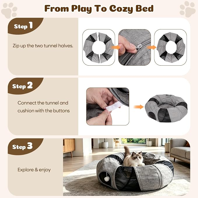 Ownpets Collapsible Cat Tunnel Toy - 2-in-1 Interactive Play Tunnel for Cat up to 18 lbs, Tear-Resistant Mesh, Fold to 2 Inches Thick, Portable Cat Exercise & Entertainment Tunnel, 12" Diameter, Grey - Image 7