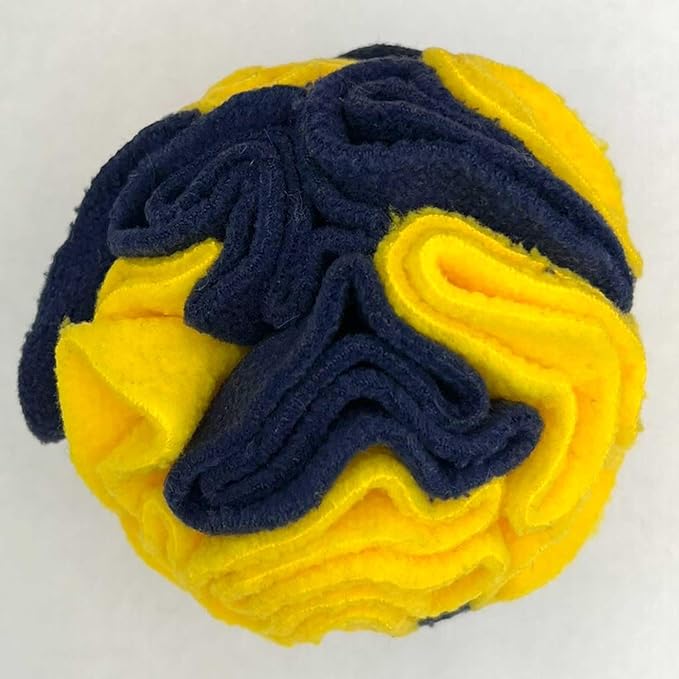 Glory To Dog Puppy/Small Breed Snuffle Ball Toy Bright Yellow & Royal Blue | Interactive fleece snuffleball hides treats at variable depths. Puzzle engages smell & foraging instinct Machine washable 4" - Image 4