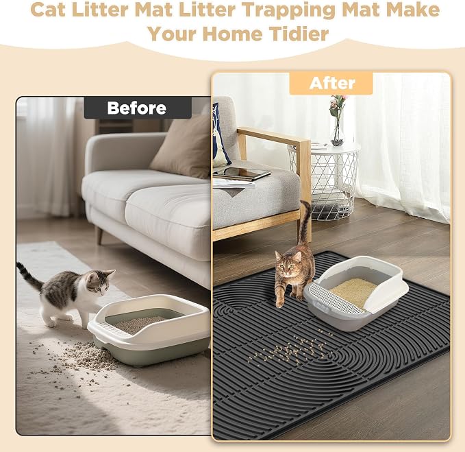 AMOK Cat Litter Mat, Extra Large Silicone Litter Box Mat 40" x 28", Waterproof Litter Trapping Mat for Cats, Durable and Easy to Clean, Black - Image 3