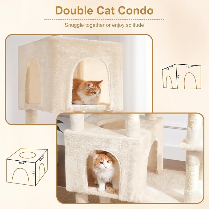 Heybly Cat Tree, 76-Inch Tall Heavy Duty Cat Tower for Big Cats HCT039M | Multi-Level Large Cat Furniture with Extra Wide Baseboard, 2 Condos & 2 Hammocks, 10 Scratching Posts, Beige - Image 6