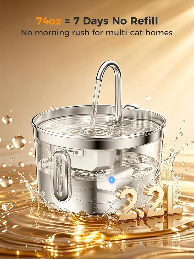 Stainless Steel Cat Water Fountain - 74oz/2.2L Ultra-Silent | 7 Filters Included, Visible Water Level, Dishwasher Safe, for Indoor Cats & Small Dogs - Image 3