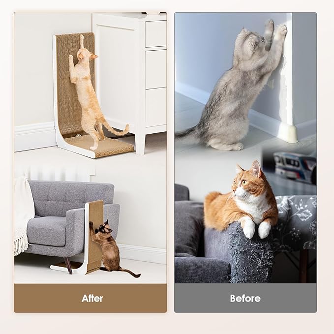 EHEYCIGA Cardboard Cat Scratcher for Indoor Cats, 32 Inch, White | L Shaped Scratching Post, Vertical Cat Scratching Board with Ball Cat Toy, Furniture Protector, Extra Large Cat Scratch Pad - Image 3