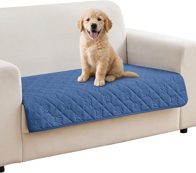 PAWFINITY Waterproof Loveseat Covers for Dogs, Pet Blanket for Couch | Paw Print Quilted, Hair Resistant, Anti Cat Scratch, Washable Protector for 2 Seat Sofa & Chair Cushion, 40x50 Inch, Blue by Pawfinity