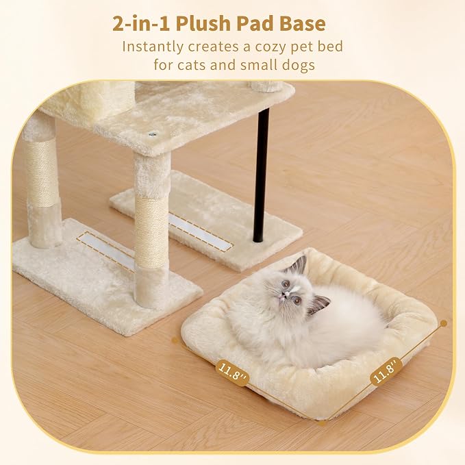 Heybly Cat Tree, 45.3" Cat Tower for Indoor Cats with Large Perch HCT202SM | All-in-One Cat Furniture with Cozy Bed, Hidden Space Cat Condo, Comfy Hammock, Scratching Posts & 3 Pompoms, Beige - Image 6