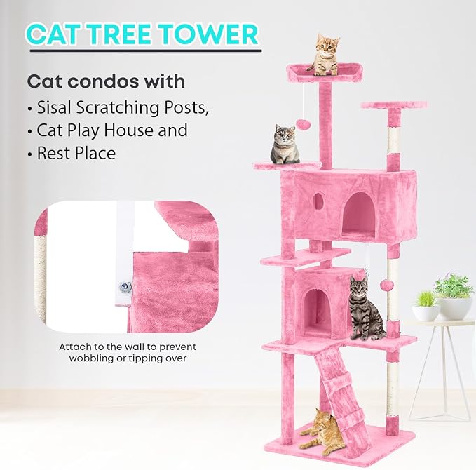 FDW | 70" Cat Tree Tower | Pink | Multi-Level Indoor Activity Center with Sisal Scratching Posts, Condos, Plush Perches, Hanging Cat Toys | Sturdy, Easy to Assemble | for Kittens & Adult Cats - Image 6