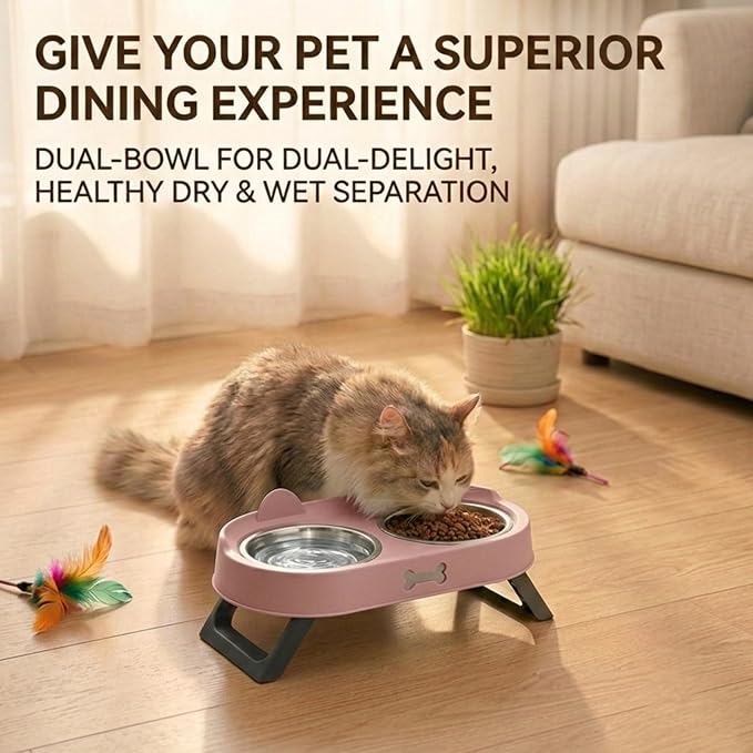 Elevated Cat Bowls with Foldable Stand, Anti Vomiting Raised Cat Food and Water Bowl Set, 2 Stainless Steel Dishes for Cats and Puppies, Splash Proof Non-Slip Neck Protection Pet Feeder (Pink) - Image 6