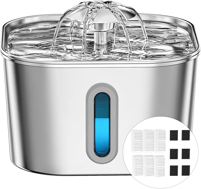 Cat Water Fountain Stainless Steel 74oz/2.2L with 6 Filters & 6 Sponges | Pet Water Dispenser-Indoor Cats Automatic Silent Fountains for Drinking-Metal Small Dog Watering Bowls-Gifts for Kitty Animal by PawPoll