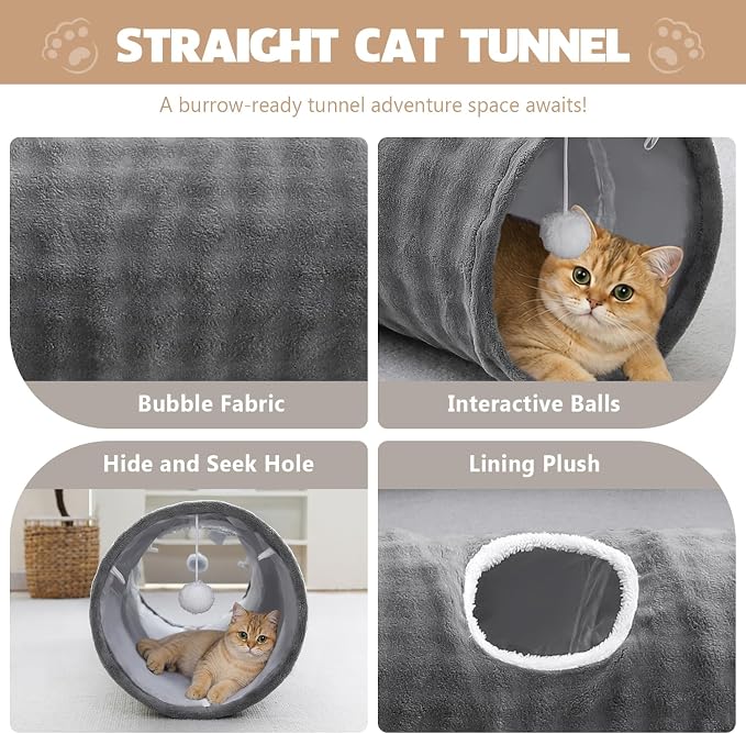 Straight Bubble Cat Tunnel for Indoor Cats 47"x12", Grey | Cute Cat Toys, Collapsible Tunnel Tube with Hanging Balls for Puppy Kitten Rabbit - Image 2