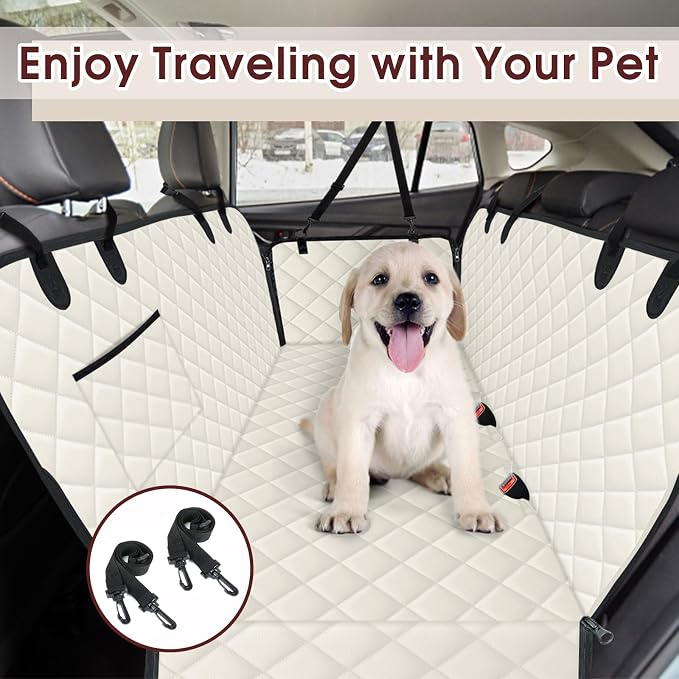 NECKORY Waterproof Dog Car Seat Cover for Back Seat - Durable, Scratch Proof Pet Hammock with Nonslip Design & Storage Pockets, Fits Cars, SUVs, Trucks - L, Beige/Black - Image 7