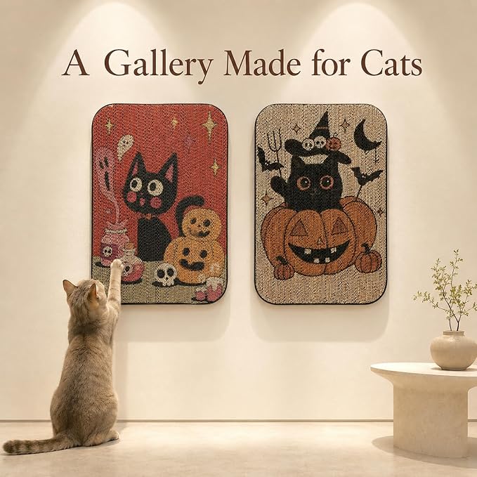 2 Pack Cat Wall Scratcher, Art Cat Scratching Board for Cats | Wall Mounted Cat Scratch Pad, Water-Based Ink, Hook&Loop Strips, Floor or Wall Use, 16.7x11x1 Inch, Pumpkin - Image 6
