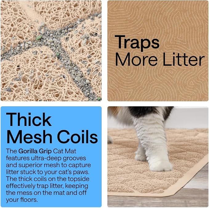 GORILLA GRIP Cat Litter Box Mat, Cushioned Coil Mesh Litter Trapping Mats, Scatter Control Supplies for Less Mess, Phthalate Free, Ultra Deep Catch Grooves, Rinse or Vacuum to Clean, 30x20 Beige - Image 3