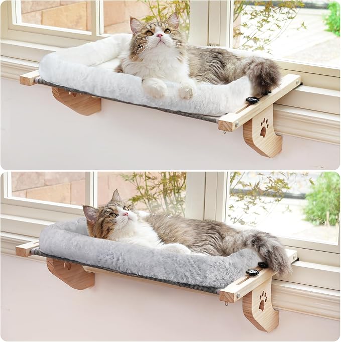 AMOSIJOY Wooden Cat Windowsill Perch with Zipper Cushion Bed, 27.5in | Sturdy Wood & Metal Frame Hold up to 40lbs, Machine Washable, Easy to Adjust, Hook-on Mounting Cat Hammock Seat for Large Cat - Image 4