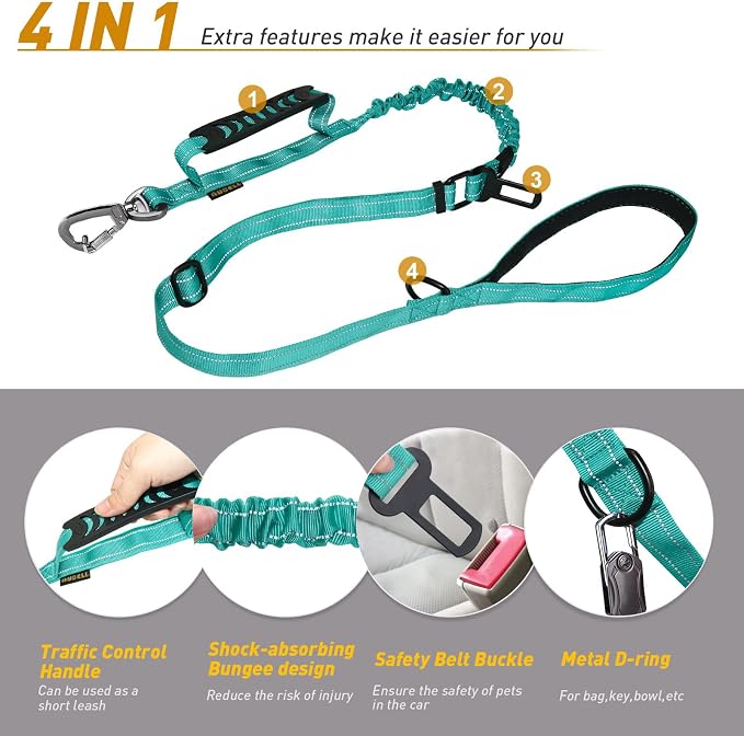 AUBELL Tactical Dog Leash Heavy Duty,4-6ft No Pull Bungee Leash,Teal | Reflective Dog Leash for Medium Large Dogs with Comfortable Padded Double Handle,Car Seat Belt,360 Degree Rotating Carabiner - Image 5
