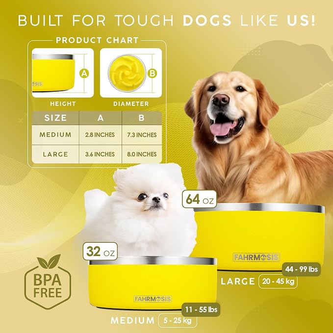 FAHRMOSIS 32 Oz Dog Bowl with Slow Feeder Insert Stainless Steel Pet Water Bowl for Medium & Large Breed Non Slip Rubber Base & Plastic Puzzle Feeder - Yellow - Image 3