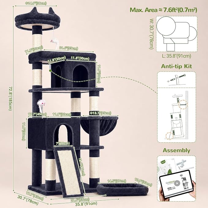Globlazer Heavy Duty Cat Trees for Large Cats, Sturdy 72in Maine Coon Cat Tree for Large Cats 20 lbs+ Heavy Duty Cat Tower for Adult Biggest Cat with 6 Scratching Posts, Hammock, S72, Smoky Gray - Image 7