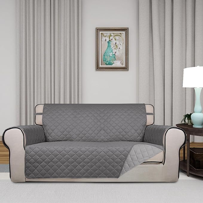 PureFit Reversible Quilted Couch Covers for Dogs Loveseat Sofa Cover 54" | Gray/Light Gray, Water Resistant Couch Protector, Washable Pet Couch Cover with Non Slip and Elastic Straps For Kids - Image 2