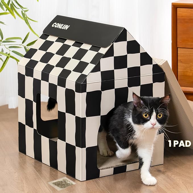 Conlun Large Cat House Scratching Pad Indoor Cave <18 lbs | 2-in-1 cozy cave, heavy-duty recycled cardboard | traps messy crumbs, quick setup | ideal for cats up to 18 lbs by Conlun