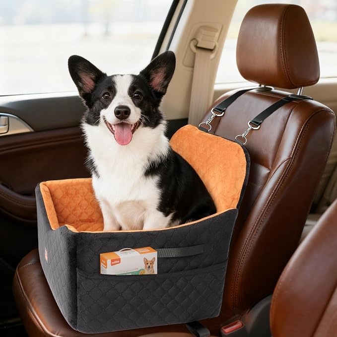 Dog Car Seat for Small/Medium Dogs Up to 35lbs, Puppy Car Seat with Thick Cushion, Detachable Washable Dog Carseat with Storage Pockets, 2 Safety Belts (Brown) - Image 8
