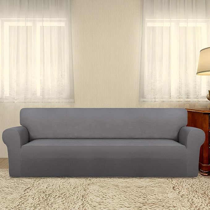PureFit Stretch Couch Covers for Sofa 4 Seater Slipcovers Light Gray | 1-Piece Sofa Cover Washable Soft Couch protector, Couch Slipcover with Non Skid Foam and Elastic Bottom for Kids, Dogs - Image 2
