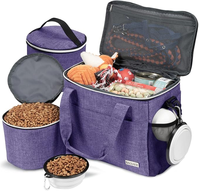 BAGLHER Dog Travel Bag Backpack Pet Supplies Backpack 5-Piece Set with Shoulder Strap 2 Lined Pet Food Containers 2 Foldable Feeding Bowls Essential Kit for Pet Travel by BAGLHER