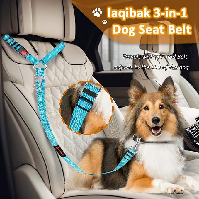 Removable Dog Seat Belt Harness for Car, 3 in 1 Pet Dog Car Seatbelt Leash, Retractable Restraint Secures to Vehicle Headrest & Adjustable Reflective Bungee Dog Seatbelt Tether, Blue and Black | Retractable Headrest-Mounted,Restraint & Adjustable Refle... - Image 4