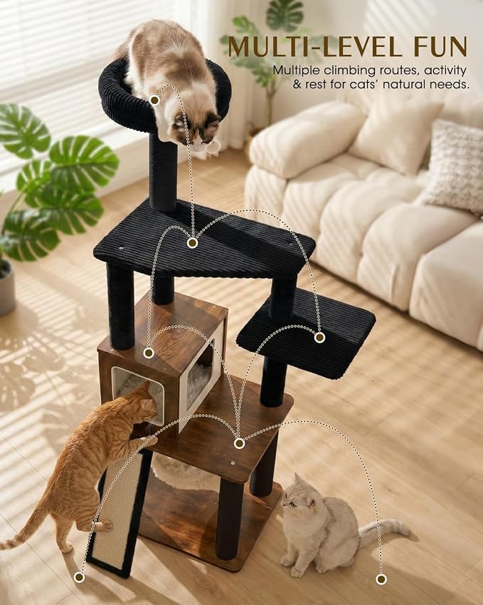 61" Wood Cat Tree Tower, Modern Cat Furniture for Indoor Cats | Engineered Wood & Plush | 61"Modern Cat Tower | 20 lbs Per Platform | Anti-Tip Base | Sisal Posts | Washable Cushions - Image 6