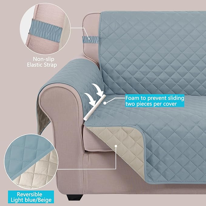 U-NICE HOME Loveseat Sofa Cover for 2 Cushion Couch, Light Blue/Beige | 45''Loveseat Cover Washable, Pet Friendly, Elastic Straps, Water Repellent, Furniture Protector for 2 Cushion - Image 3