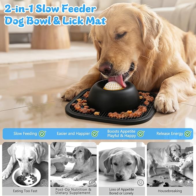 Slow Feeder Dog Bowls & Lick Mat for Liquid and Thick Treat, Anti-Slip Dog Lick Bowl with Interactive Rolling Ball, 5/6 Cup Pup Licking Toy for Large Medium Small Dogs and Cats Black - Image 2