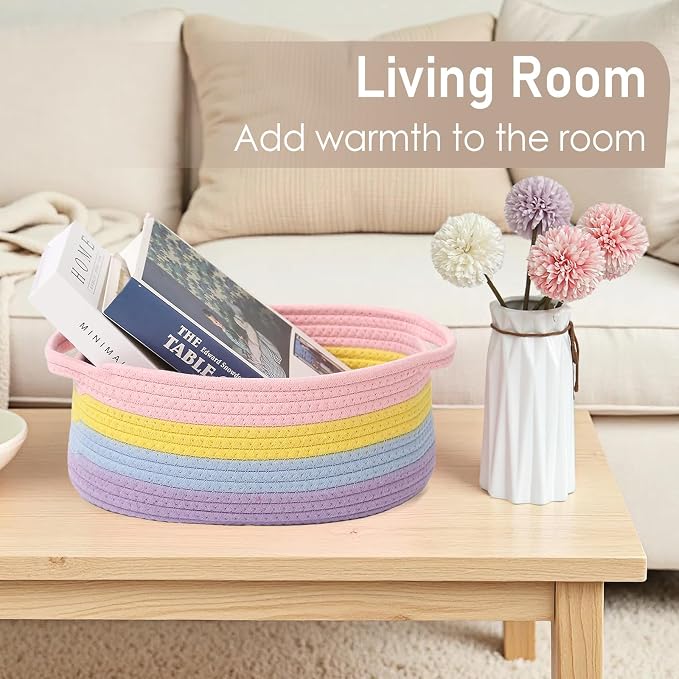 JMvicyroam Small Woven Basket, Empty Gift Basket, Rainbow/1 Pack | Small Gift Basket, Cotton Rope, 12 x 8 x 51 in, Handles, Includes Ribbon and Bag, Birthday Gift Basket - Image 7
