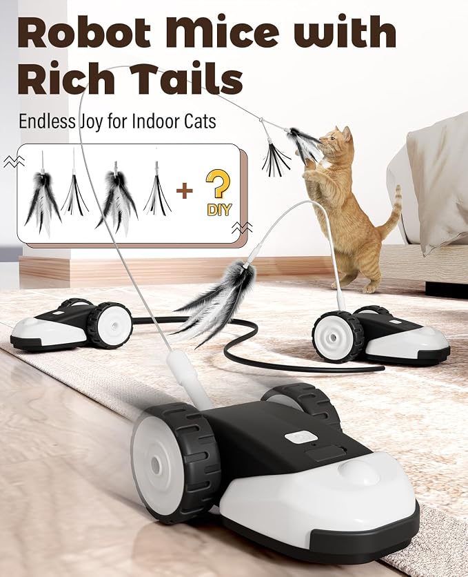 CYROS 3-in-1 Interactive Cat Toy - 2-Speed Automatic Moving Mouse Cat Toys Self Play with 2pcs Hanging Feather String Ribbon and Wiggly Silicone Mice Tail for Bored Indoor Adult Cats Kittens - Image 2