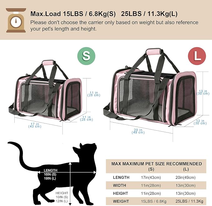 Dog Carrier for Pets, Up to 25 Lbs, Collapsible Travel Carriers for Puppy with Shoulder Strap and Removable Mat, 20x13x13 Inch, Pink - Image 2