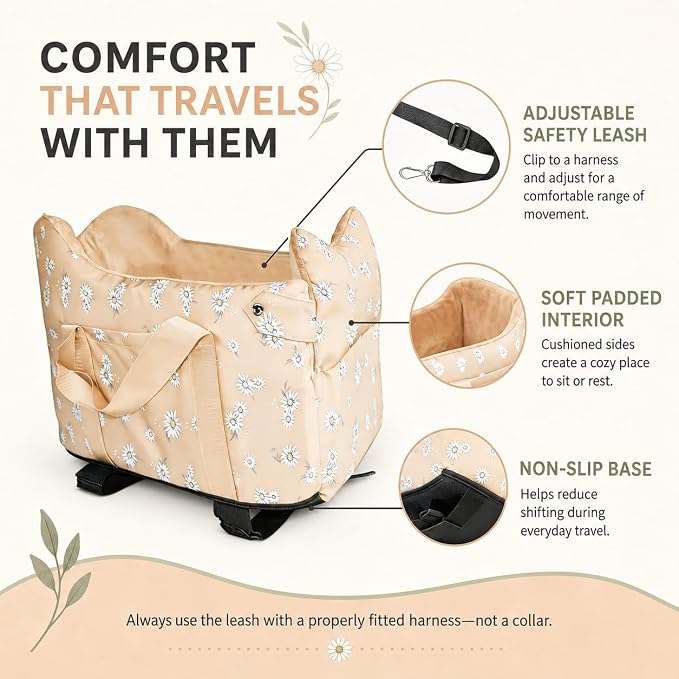 Center Console Dog Car Seat Safe Travel for Small Dogs Under 15 lbs | Detachable Washable Pet Carrier with Storage Pockets & Safety Leash,Apricot - Image 6