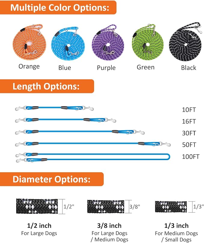 Long Rope Leash for Dog Training 16FT 30FT 50FT 100FT, Reflective Threads Check Cord Recall Training Agility Dog Lead for Large Medium Small Dogs, Dog Tie-Out Cable for Playing, Camping, or Backyard - Image 3