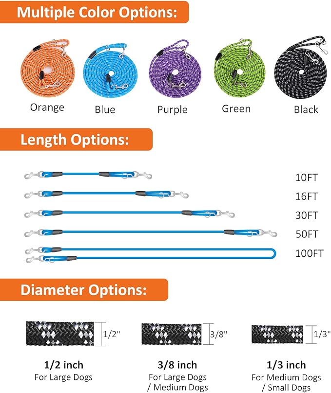 Long Rope Leash for Dog Training 16FT 30FT 50FT 100FT, Reflective Threads Check Cord Recall Training Agility Dog Lead for Large Medium Small Dogs, Dog Tie-out Cable for Playing, Camping, or Backyard - Image 3