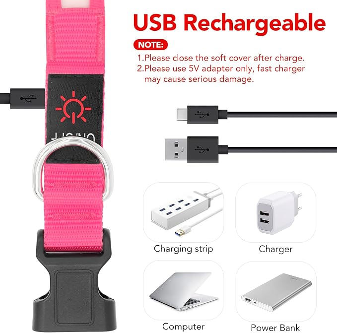 VIZPET LED Dog Collar, Light up Dog Collar Adjustable Safety Glowing Collar | USB Rechargeable Super Bright Light Collars for Dogs(Medium, Pink) - Image 3