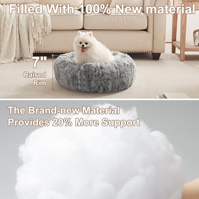23 inches Faux Fur Fluffy Donut Dog Bed for Small Dogs,Dark Grey | Calming Plush Round Puppy Pet Bed with Removable & Washable Cover,Fits up to 25 lbs Pets - Image 3